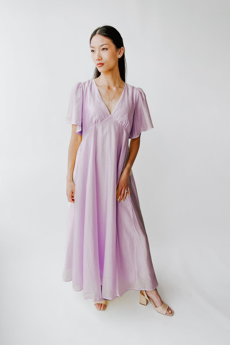 The Harston Flutter Sleeve Maxi Dress in Lilac