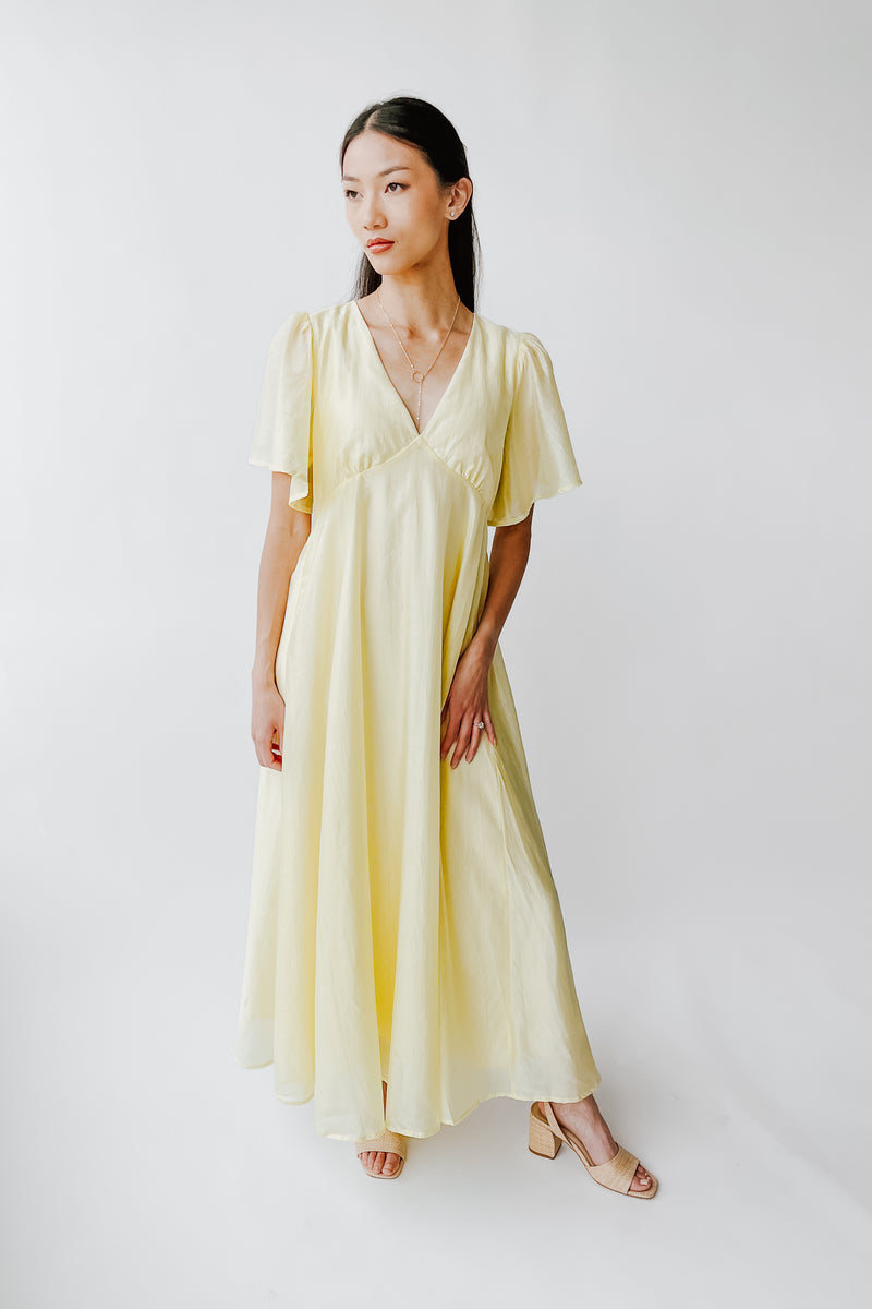 The Harston Flutter Sleeve Maxi Dress in Lemon