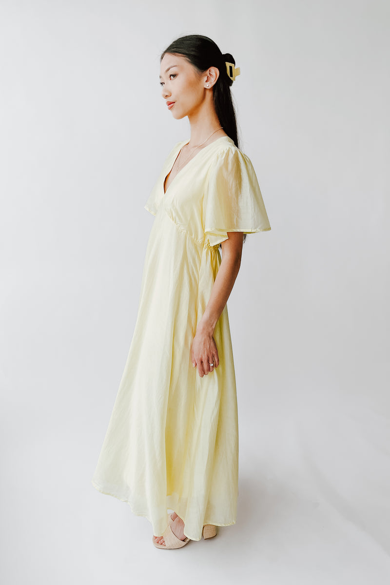The Harston Flutter Sleeve Maxi Dress in Lemon