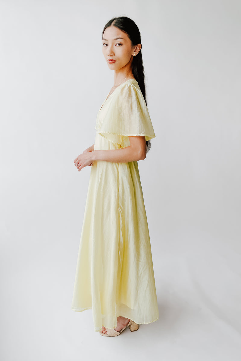 The Harston Flutter Sleeve Maxi Dress in Lemon