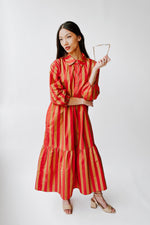 The Barton Tiered Midi Dress in Red + Taupe Stripe