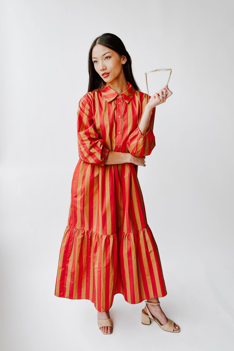 The Barton Tiered Midi Dress in Red + Taupe Stripe