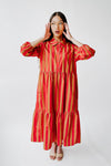 The Barton Tiered Midi Dress in Red + Taupe Stripe