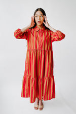 The Barton Tiered Midi Dress in Red + Taupe Stripe