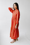 The Barton Tiered Midi Dress in Red + Taupe Stripe