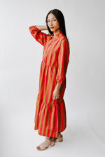 The Barton Tiered Midi Dress in Red + Taupe Stripe