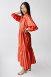 The Barton Tiered Midi Dress in Red + Taupe Stripe