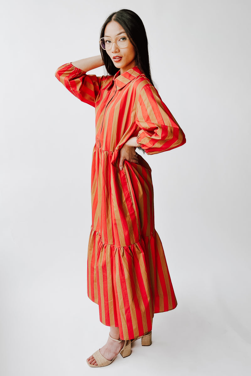 The Barton Tiered Midi Dress in Red + Taupe Stripe