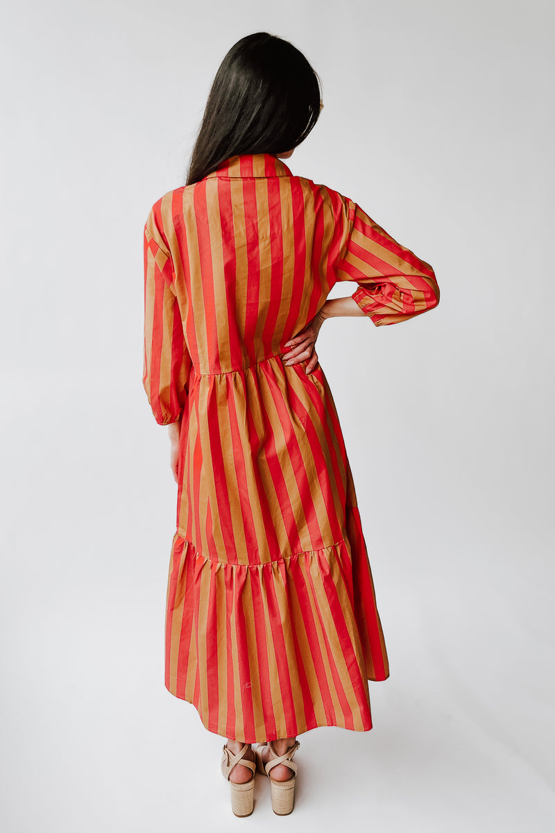 The Barton Tiered Midi Dress in Red + Taupe Stripe