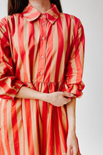 The Barton Tiered Midi Dress in Red + Taupe Stripe