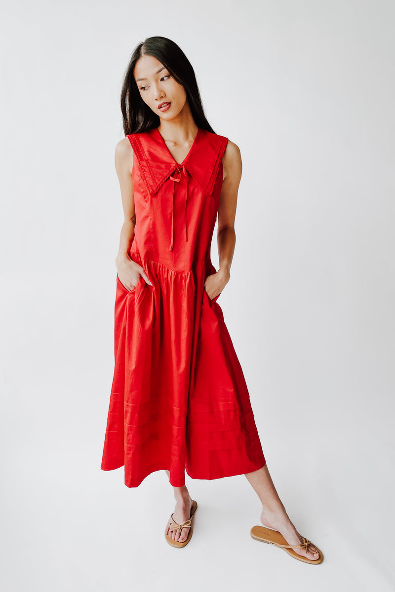 The Reinford Collared Midi Dress in Tomato Red