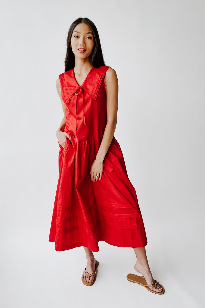 The Reinford Collared Midi Dress in Tomato Red