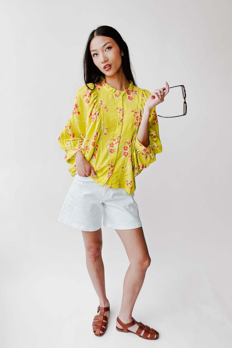 The Jenkins Button-Up Floral Blouse in Electric Lime