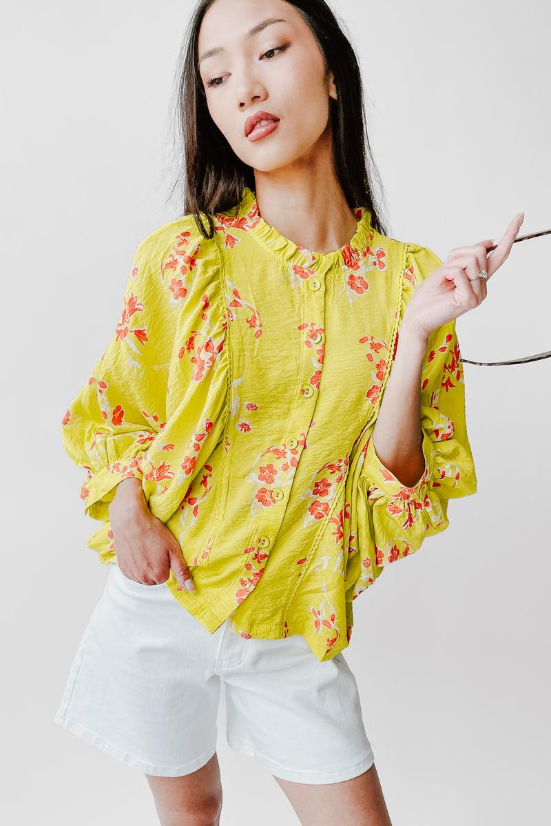 The Jenkins Button-Up Floral Blouse in Electric Lime