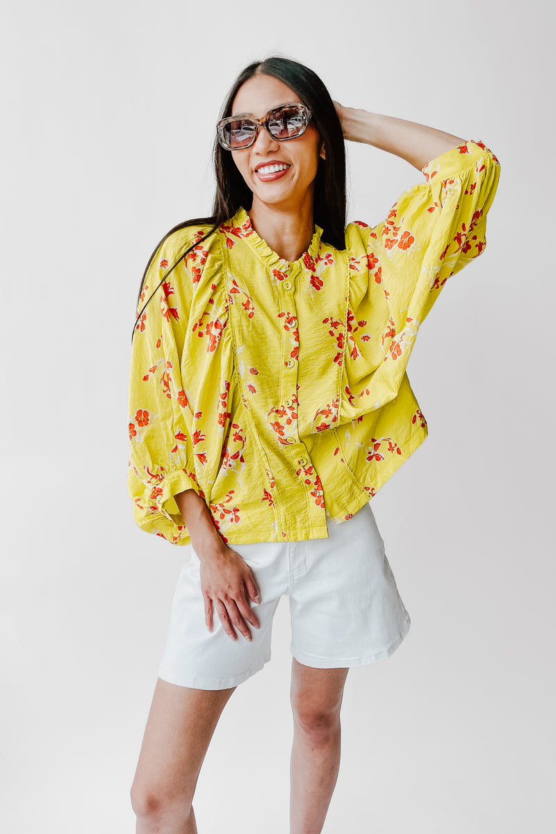 The Jenkins Button-Up Floral Blouse in Electric Lime