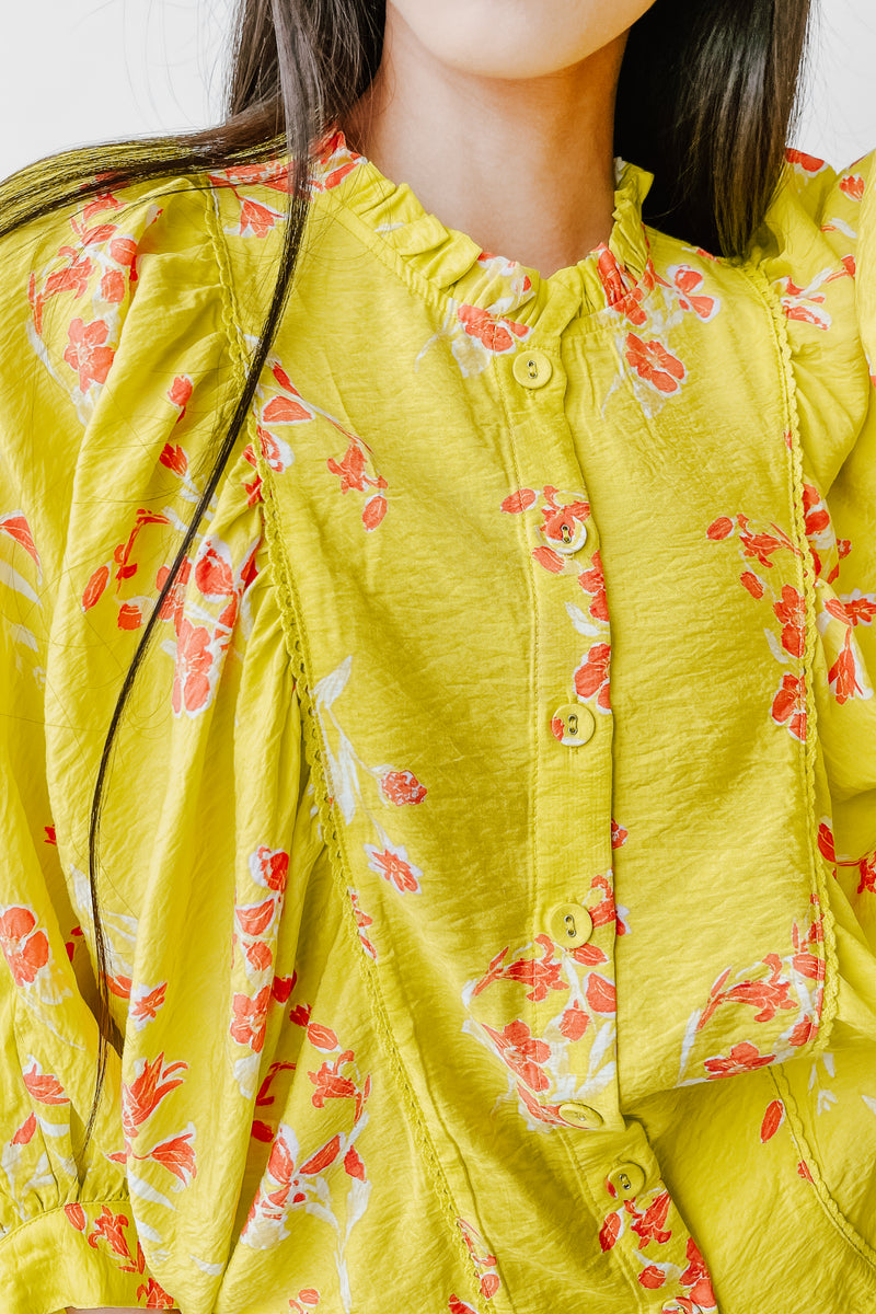 The Jenkins Button-Up Floral Blouse in Electric Lime
