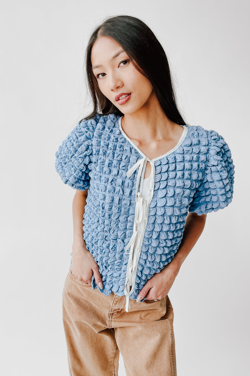 The Lassiter Bubble Textured Blouse in Denim Blue