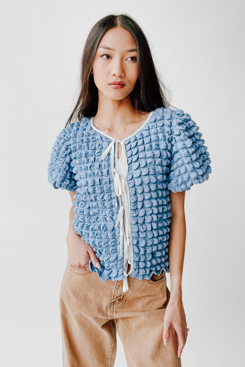 The Lassiter Bubble Textured Blouse in Denim Blue
