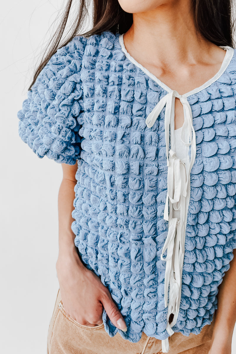 The Lassiter Bubble Textured Blouse in Denim Blue