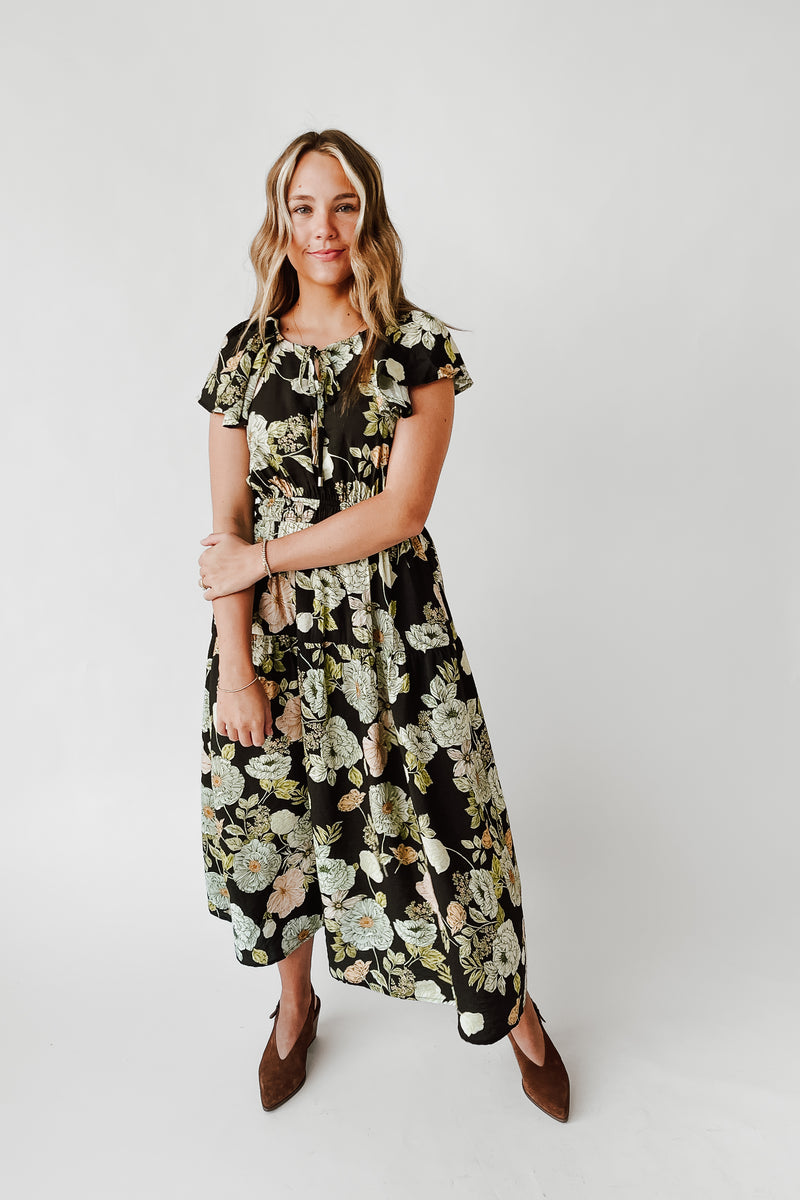 The Sinclair Floral Midi Dress in Black Multi