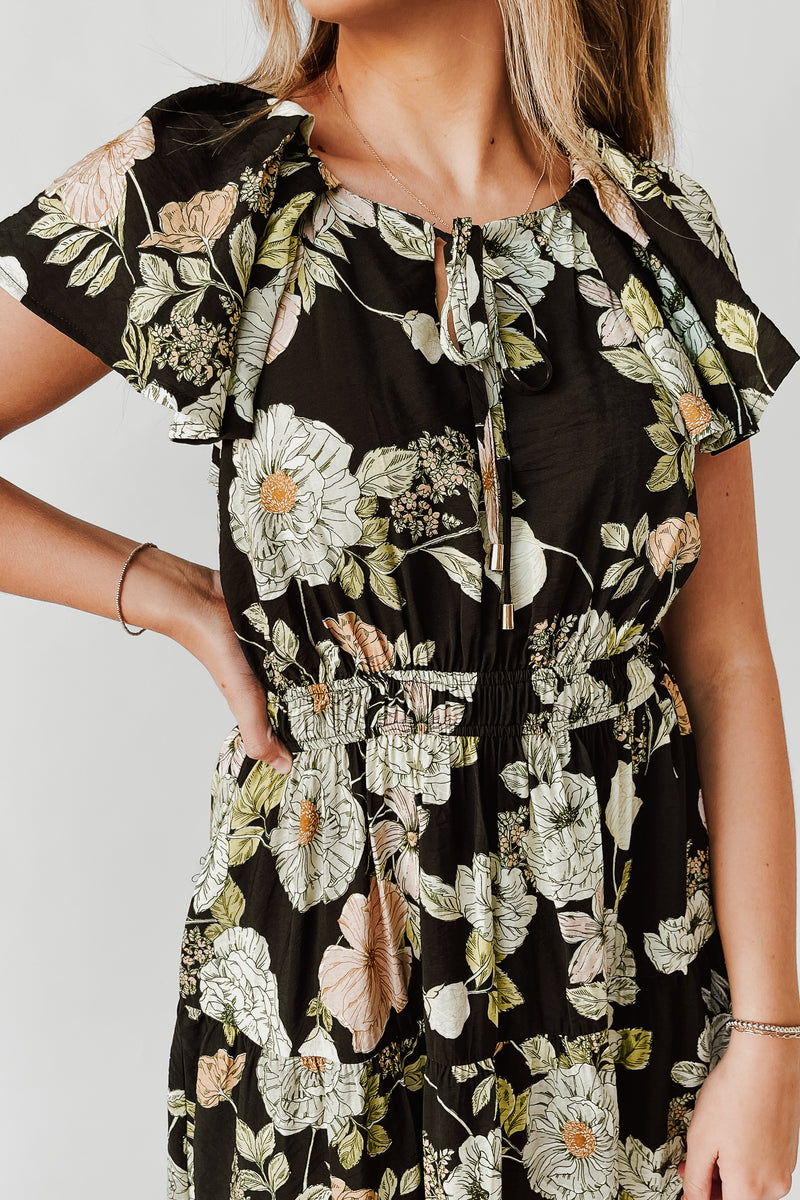 The Sinclair Floral Midi Dress in Black Multi