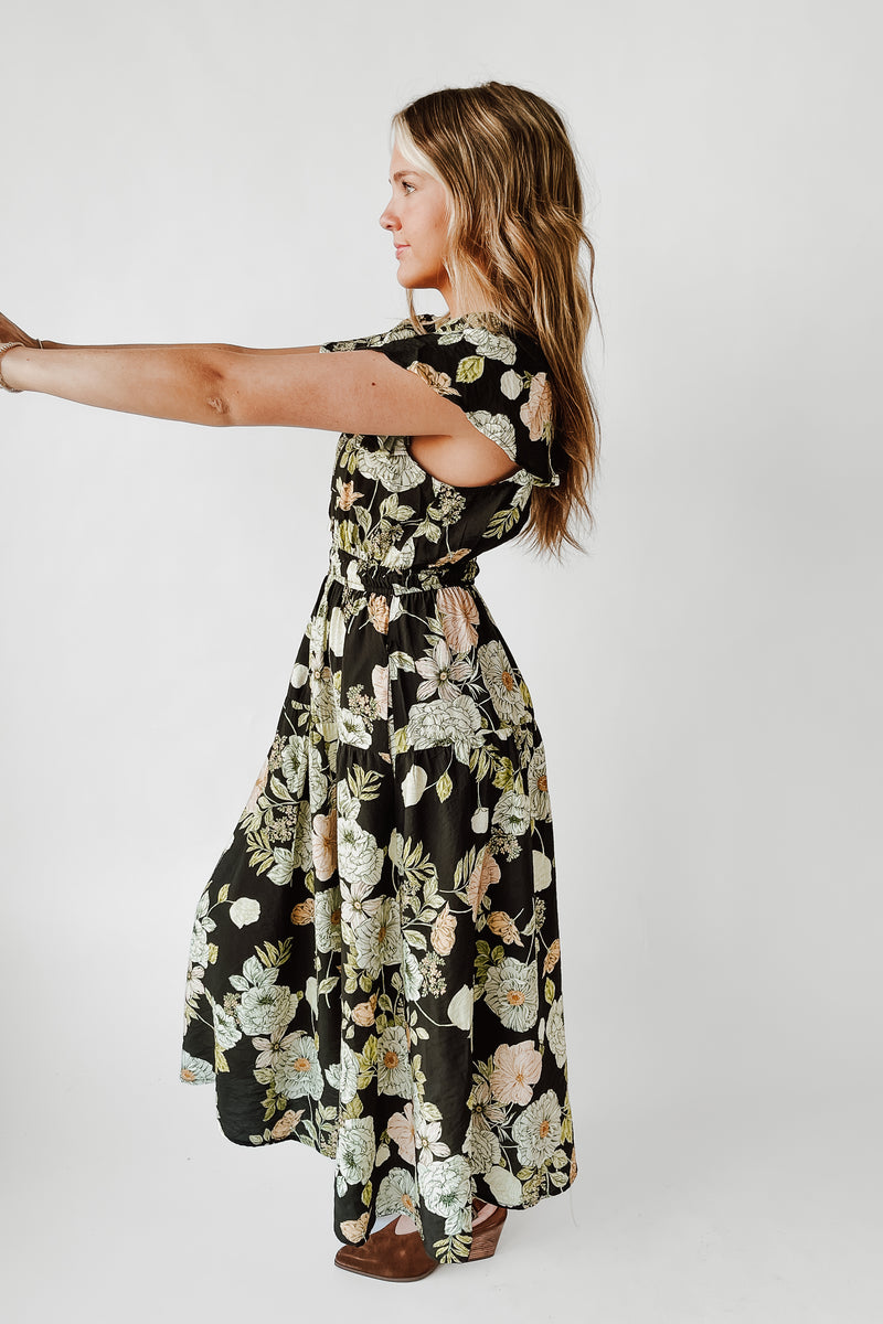 The Sinclair Floral Midi Dress in Black Multi