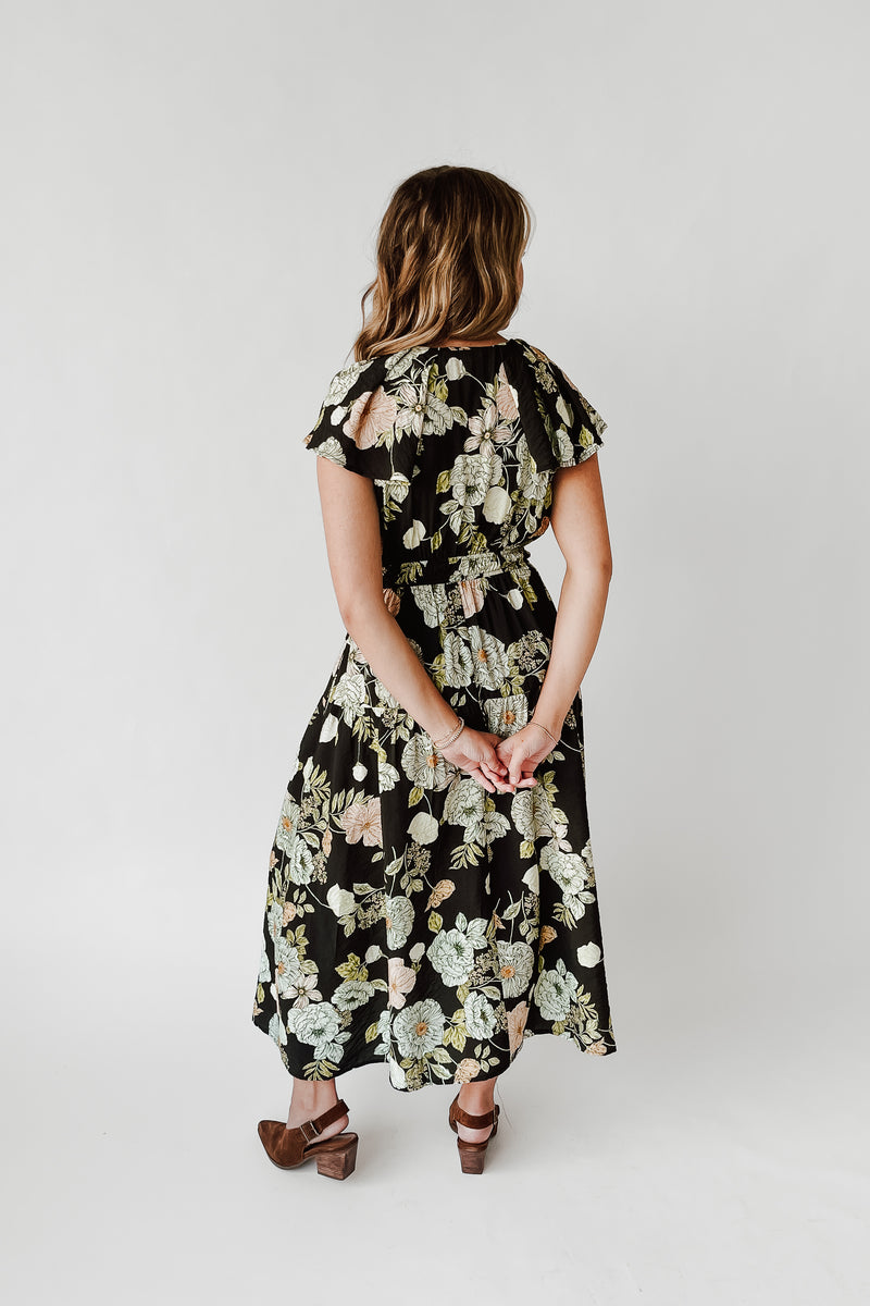The Sinclair Floral Midi Dress in Black Multi