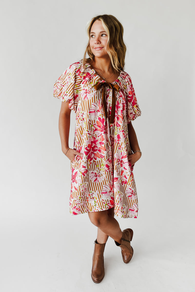 The Brinson Puff Sleeve Floral Dress in Pink + Taupe