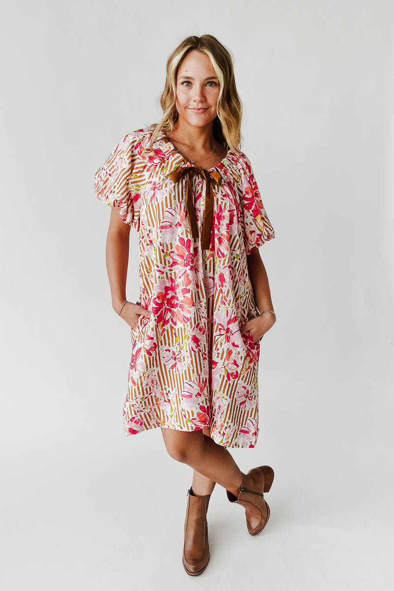 The Brinson Puff Sleeve Floral Dress in Pink + Taupe