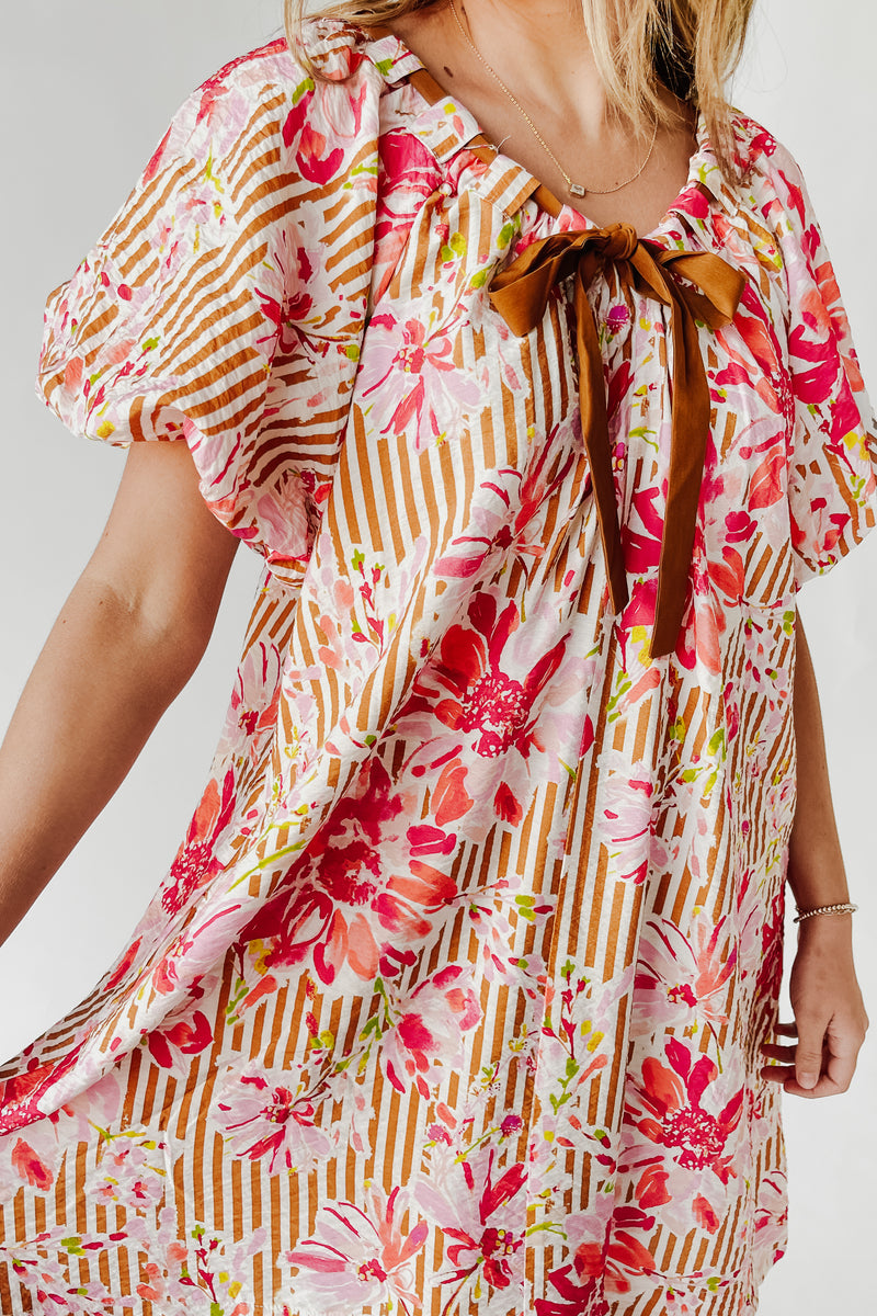 The Brinson Puff Sleeve Floral Dress in Pink + Taupe
