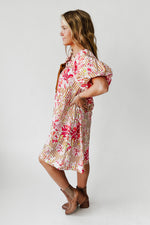 The Brinson Puff Sleeve Floral Dress in Pink + Taupe