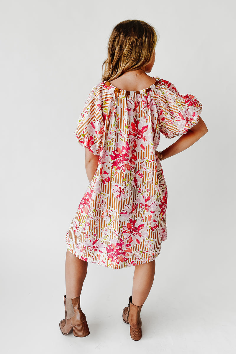 The Brinson Puff Sleeve Floral Dress in Pink + Taupe