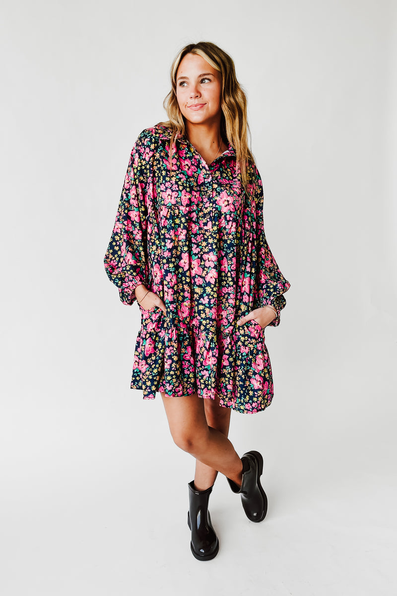 The Jarding Floral Tiered Dress in Navy + Fuchsia