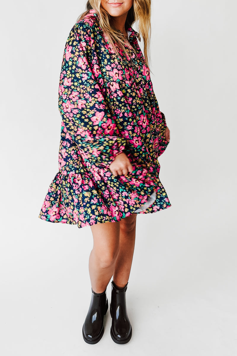 The Jarding Floral Tiered Dress in Navy + Fuchsia