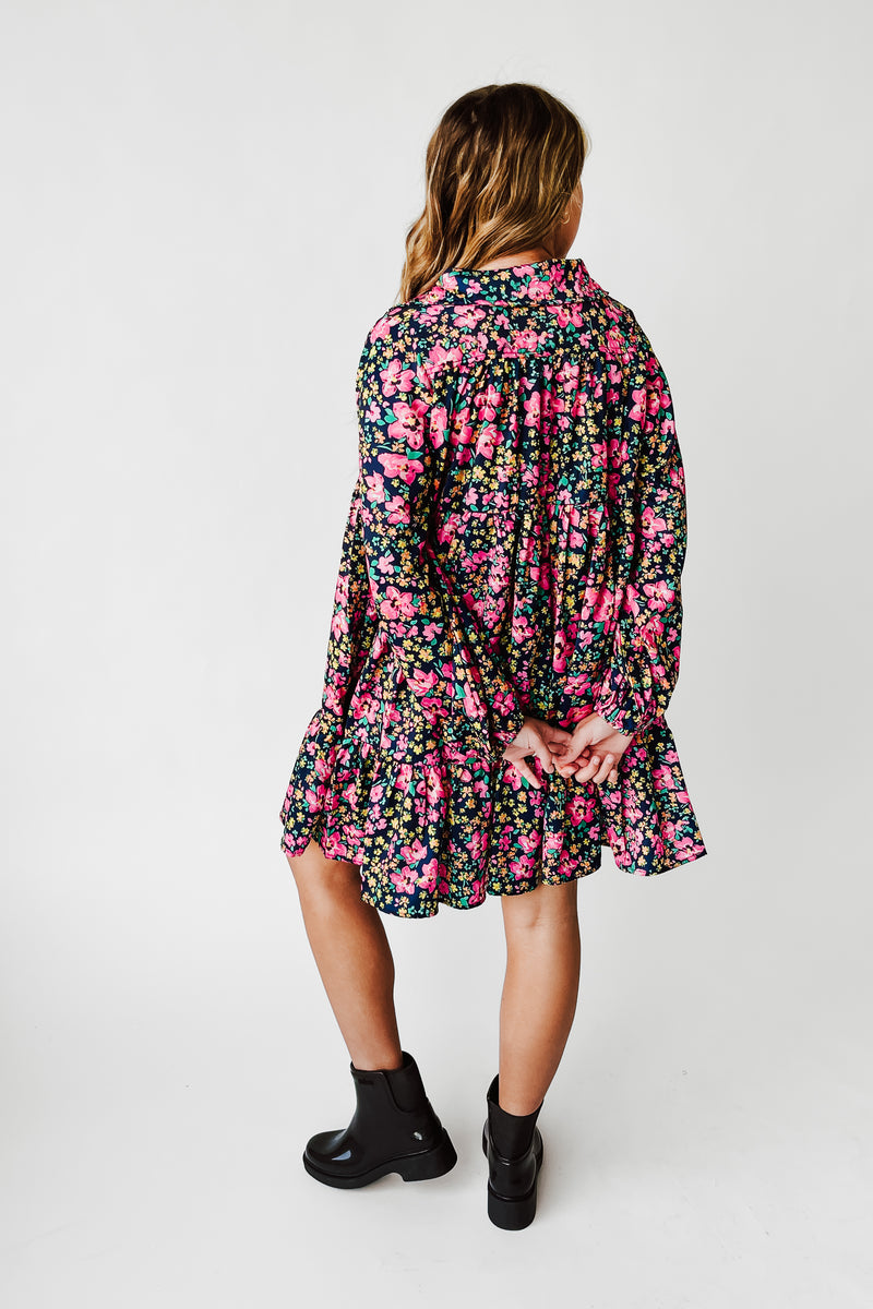 The Jarding Floral Tiered Dress in Navy + Fuchsia
