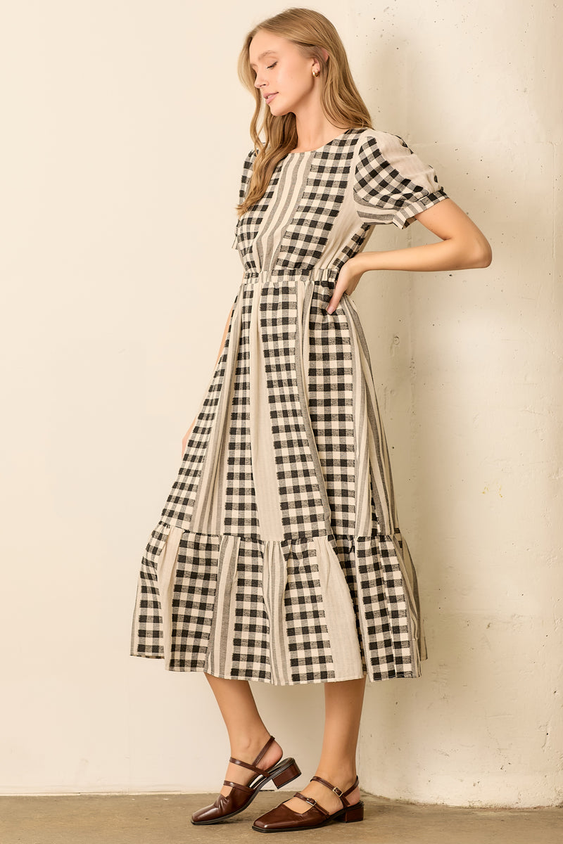 The Bosworth Contrast Gingham Midi Dress in Black + Ivory