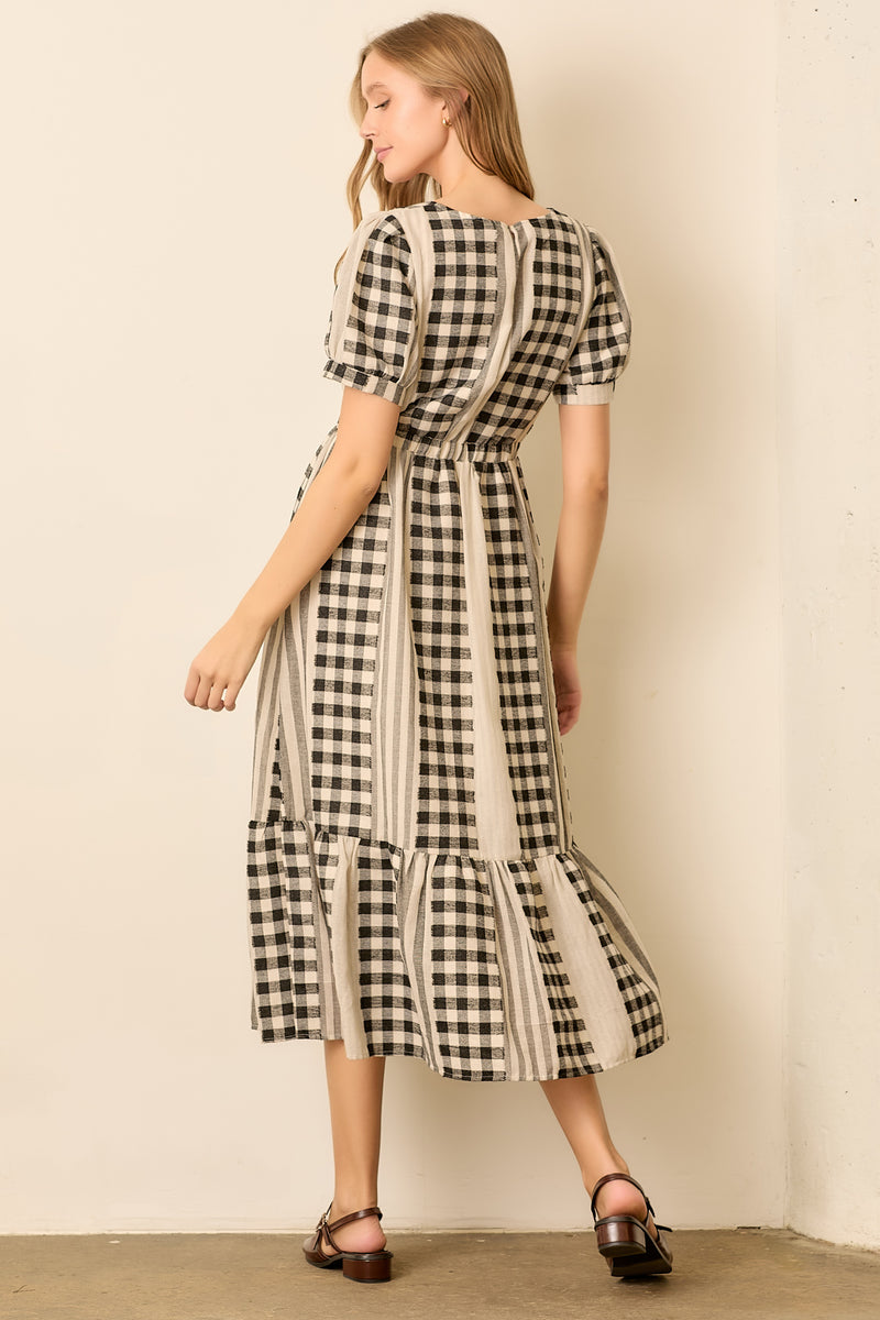 The Bosworth Contrast Gingham Midi Dress in Black + Ivory