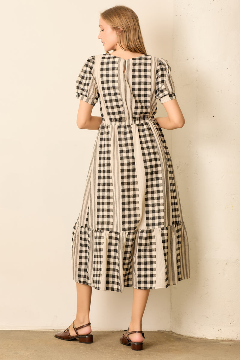 The Bosworth Contrast Gingham Midi Dress in Black + Ivory