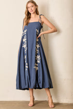 The Hemsley Embroidered Bubble Midi Dress in Blue + Ivory