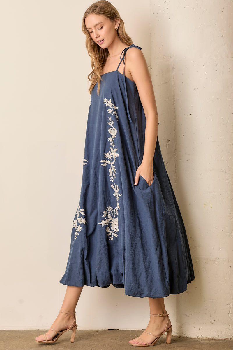 The Hemsley Embroidered Bubble Midi Dress in Blue + Ivory