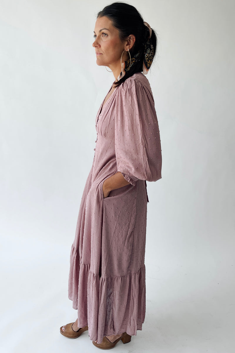 The Garvara Swiss Dot Button-Up Maxi Dress in Rose
