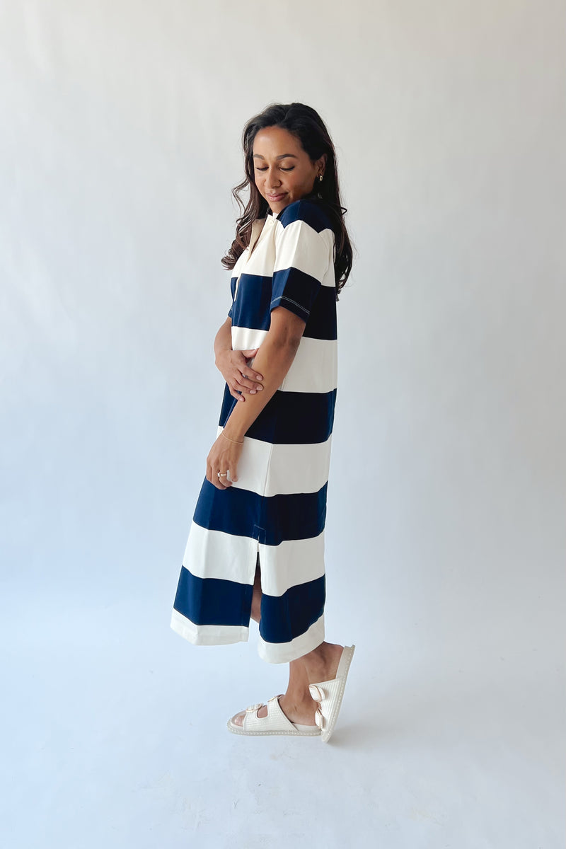 The Bolivar Collared Midi Dress in Navy + White Stripe Small The Bolivar Collared Midi Dress in Navy + White Stripe Small