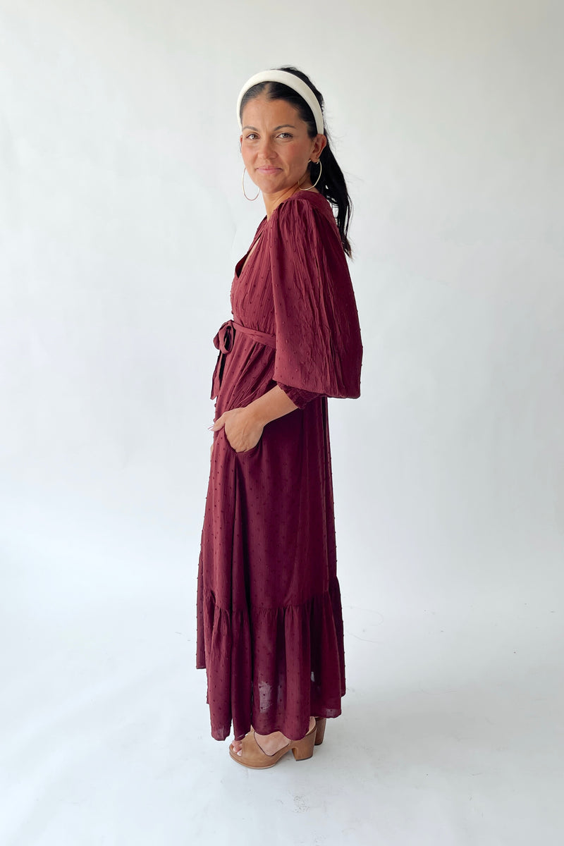 The Garvara Swiss Dot Button-Up Maxi Dress in Merlot