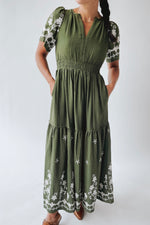 The Saxton Embroidered Maxi Dress in Olive