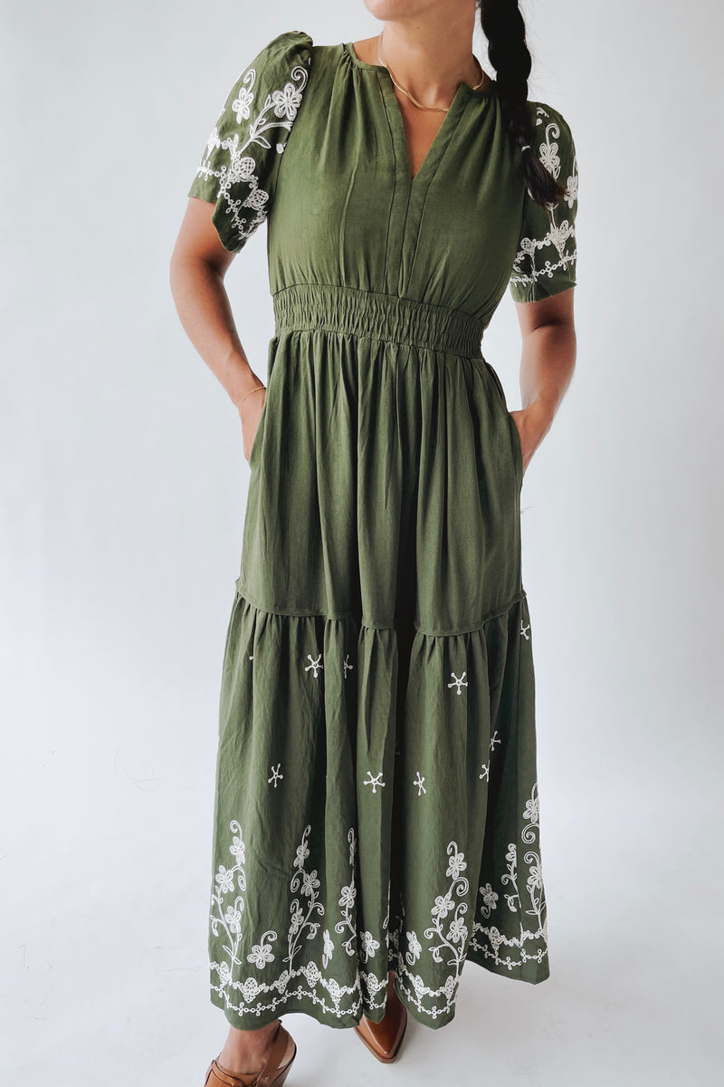 The Saxton Embroidered Maxi Dress in Olive