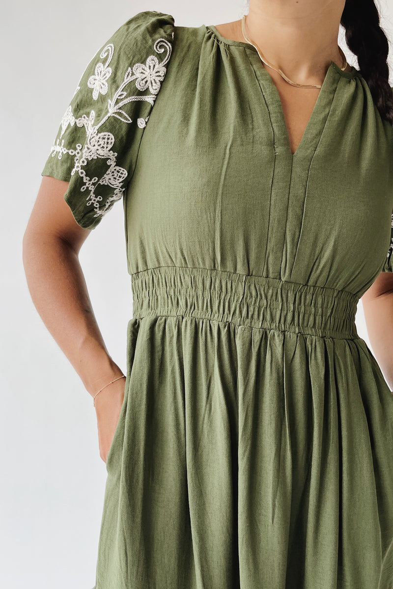 The Saxton Embroidered Maxi Dress in Olive