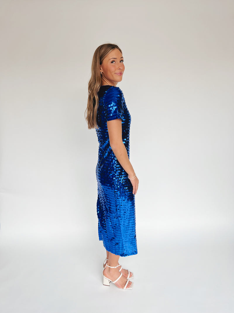 The Liviana Sequin Midi Dress in Cobalt Blue