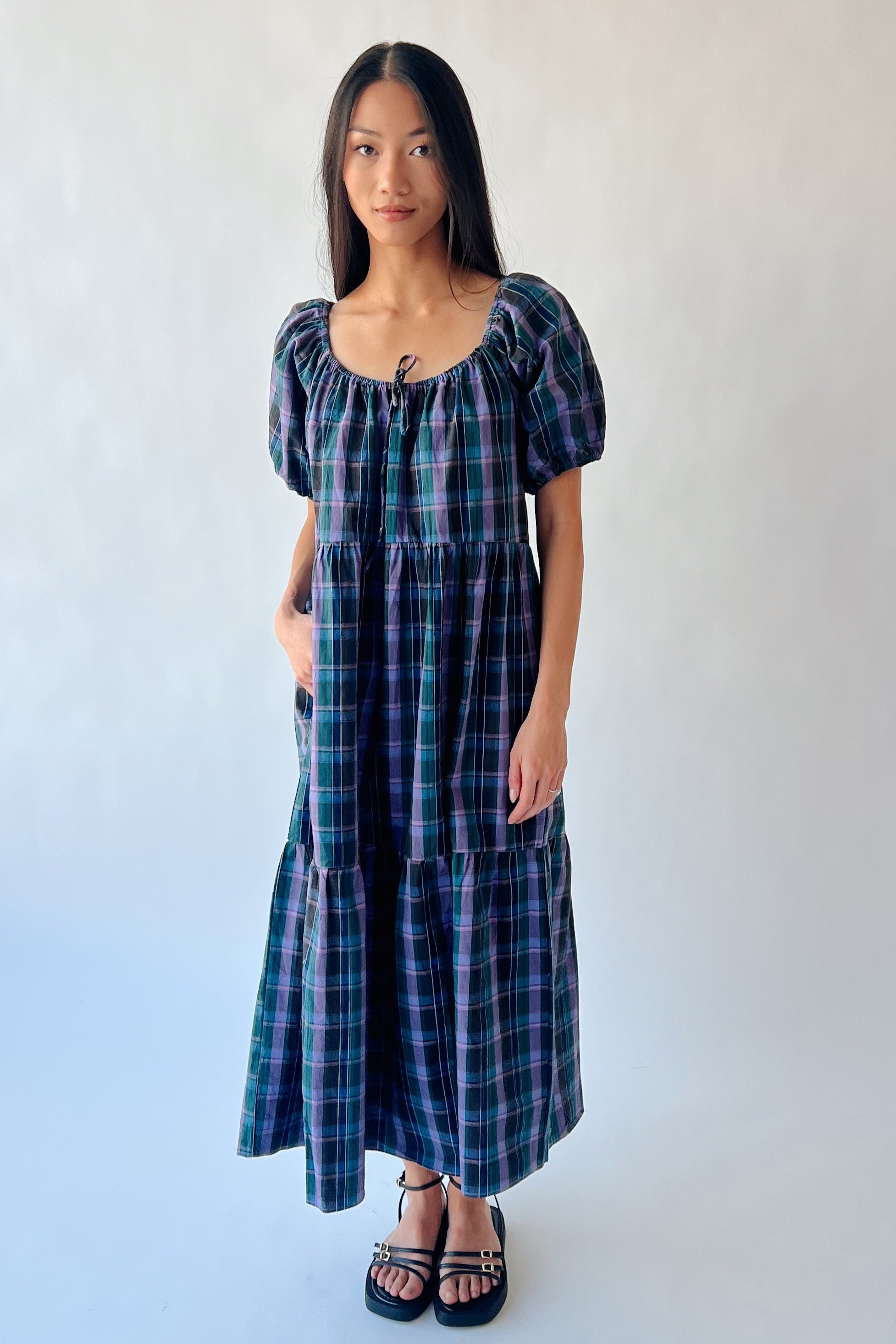 blue plaid dress with puff sleeves 100% Cotton Navy Plaid Puff Sleeve Midi Dress - All Dresses