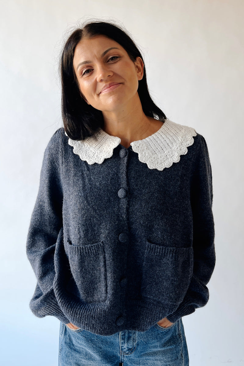 The Orzoco Frill Collar Cardigan in Midnight