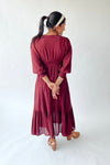 The Garvara Swiss Dot Button-Up Maxi Dress in Merlot